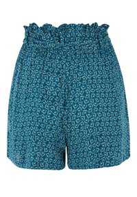 Pantaloni corti turchesi con vita elasticizzata arricciata e un intricato motivo floreale bianco. Realizzati in materiale leggero.