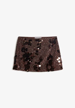 Brauner Minirock, der mit reflektierenden, runden Pailletten bedeckt ist. Enganliegendes Design aus strukturiertem Stoff. Glatter Bund ohne sichtbare Verschlüsse.