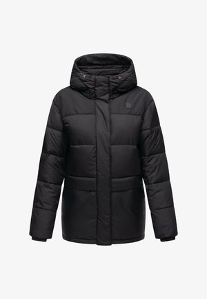 Veste matelassée noire avec un col haut, des poches avant et une capuche ajustable, présentant un extérieur lisse et brillant avec un matelassage horizontal.