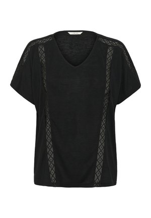 Top scurt negru cu mânecă scurtă și decolteu în V, având un material texturat și accente cu un model geometric pe laterale. Design cu o croială lejeră.