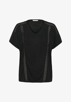 Top scurt negru cu mânecă scurtă și decolteu în V, având un material texturat și accente cu un model geometric pe laterale. Design cu o croială lejeră.