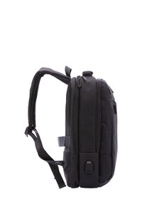 Zwarte rugzak van duurzaam materiaal, met dubbele ritsen, mesh schouderbanden en een zijvak. Slank, rechthoekig ontwerp met minimale accenten.