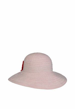 Wide-brimmed, light pink woven sun hat with a rounded crown and a small red bow on the side.