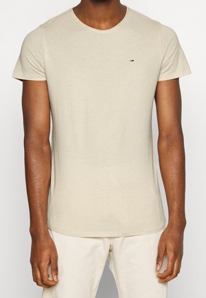 Beige cotton crew-neck t-shirt with short sleeves, featuring a small embroidered logo on the chest and a regular fit.