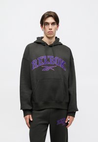 Tumši pelēks kokvilnas kapuce ar priekšējo kabatu, ar lielu purpura "REEBOK" logo. Iekļauj stiepjamu kapuci un ribinātus piedurknes.