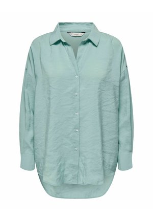 Hellgrünes, langärmliges Hemd mit Knöpfen aus einem strukturierten, leichten Stoff. Verfügt über einen klassischen Kragen und einen abgerundeten Saum.