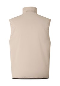 Beige, ærmeløs isoleret vest med høj krave set bagfra på hvid baggrund.