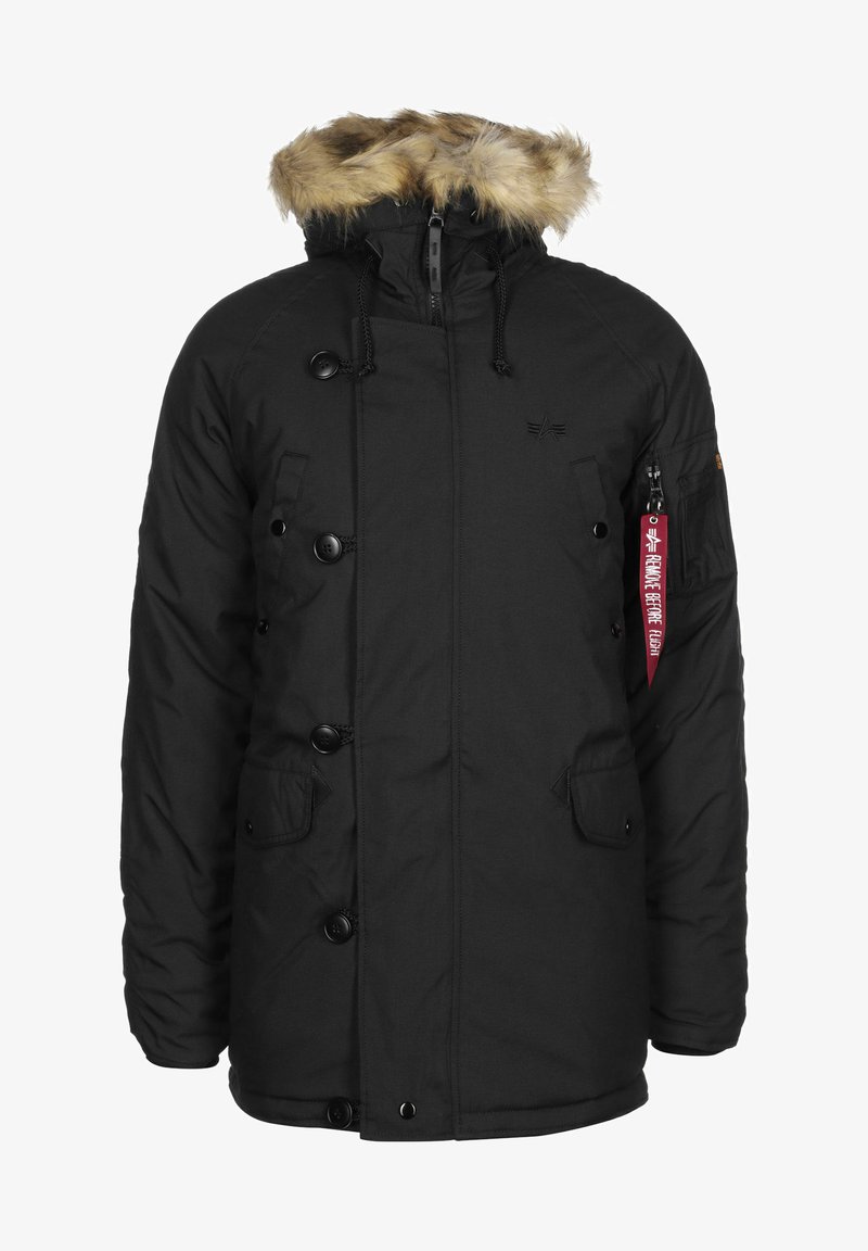 Schwarze Parka-Jacke mit gefütterter Kapuze aus Kunstfell, mehreren Knöpfen, einer Reißverschlusstasche am Ärmel und zwei Fronttaschen. Wasserdichtes Material.