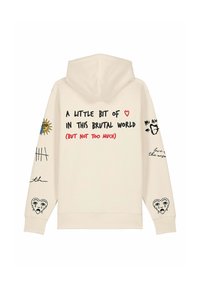 Felpa con cappuccio color crema con testo grafico sul retro, con illustrazioni colorate tra cui un sole, un cuore e un teschio.