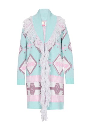 Cardigan azzurro chiaro con colletto frangiato, motivi geometrici in rosa e grigio. Realizzato in materiale morbido, presenta maniche lunghe e un design di lunghezza intermedia.