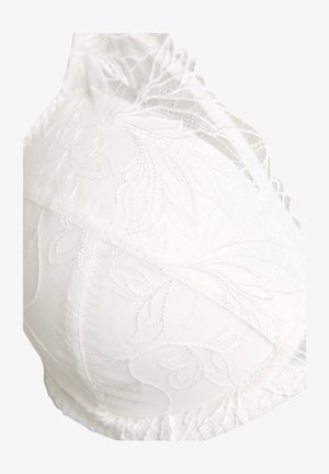 Sujetador blanco con bordado floral, que presenta una superficie mate suave, un delicado ribete de encaje y una forma de copa curva que resalta patrones intrincados.