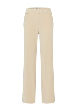 Beige Cordhosen mit geradem Bein, ausgestattet mit einem Bund mit Gürtelschlaufen und einem dezenten Logo auf der Vorderseite. Keine sichtbaren Taschen.