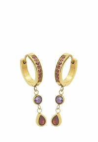 Guldörhängen med små röda stenar, där varje örhänge har en hängande lila rund ädelsten ovanför en droppformad röd ädelsten.