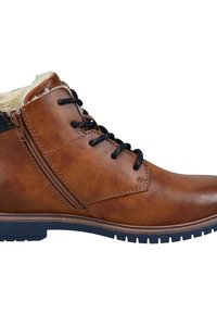 Brauner Lederstiefel mit Schnürung vorne und Reißverschluss an der Seite, strukturiertem Obermaterial, gefüttertem Kunstfell und einer Gummisohle mit Profil.