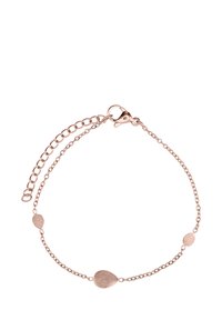 Armband aus rosévergoldetem Metall mit einer zarten Kette, die zwei strukturierte ovale Akzente aufweist und über einen Karabinerverschluss mit einer verstellbaren Kettenverlängerung verfügt.