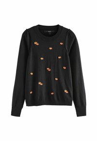 Maglione nero con piccoli pipistrelli ricamati in arancione e giallo. Polsini e colletto a costine. Tessuto morbido con una vestibilità rilassata.