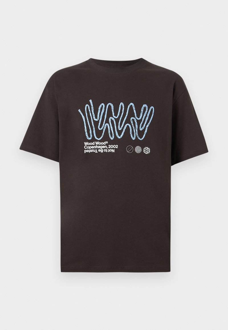Black short-sleeve T-shirt with blue abstract squiggle design and white text reading "Wood Wood Copenhagen, 2002 Not To Be Trusted" with three small circular symbols.