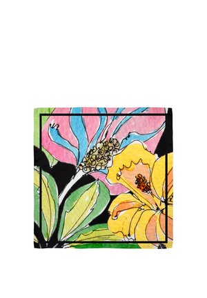 Foulard quadrato con motivo floreale colorato che include foglie gialle, blu e verdi su sfondo rosa e nero.