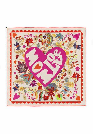 Vierkante sjaal met kleurrijke bloemenpatronen, rode gegolfde rand en een groot roze hart met het woord "MOM" en een kleiner hartje binnenin.