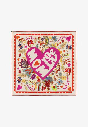 Vierkante sjaal met kleurrijke bloemenpatronen, rode gegolfde rand en een groot roze hart met het woord "MOM" en een kleiner hartje binnenin.