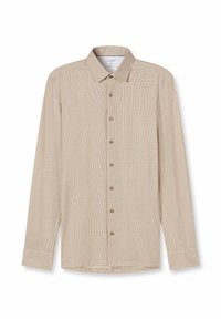 Hellbeiges langärmliges Hemd mit feinem Karo-Muster, Knopfleiste, spitzem Kragen und geknöpften Manschetten. Hergestellt aus leichtem Stoff.