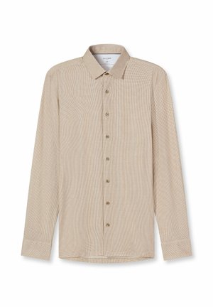 Hellbeiges langärmliges Hemd mit feinem Karo-Muster, Knopfleiste, spitzem Kragen und geknöpften Manschetten. Hergestellt aus leichtem Stoff.