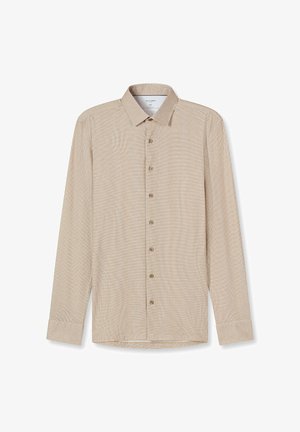 Hellbeiges langärmliges Hemd mit feinem Karo-Muster, Knopfleiste, spitzem Kragen und geknöpften Manschetten. Hergestellt aus leichtem Stoff.