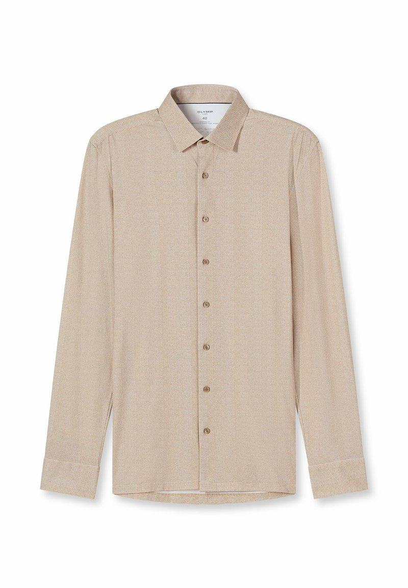 Hellbeiges langärmliges Hemd mit feinem Karo-Muster, Knopfleiste, spitzem Kragen und geknöpften Manschetten. Hergestellt aus leichtem Stoff.