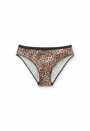 Braguita de bikini con estampado de leopardo y cintura elástica negra, confeccionada en tela suave con textura delicada y forro interior de contraste.