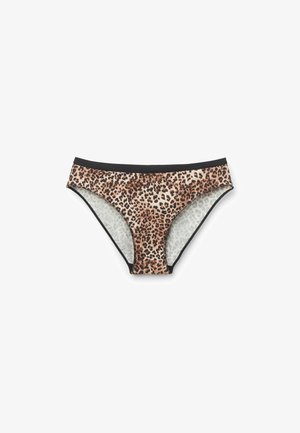 Braguita de bikini con estampado de leopardo y cintura elástica negra, confeccionada en tela suave con textura delicada y forro interior de contraste.