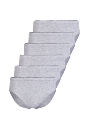 Six stacked plain light gray cotton briefs with elastic waistbands and no visible logos or patterns.