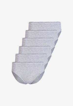 Six stacked plain light gray cotton briefs with elastic waistbands and no visible logos or patterns.