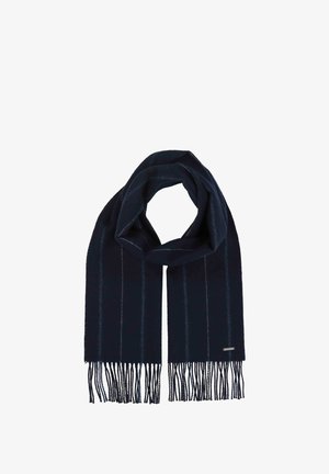 Navy scarf featuring vertical stripes, soft texture, and fringe ends. Includes a small branded accent tag.