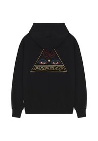 Felpa nera con cappuccio, caratterizzata da un design triangolare ricamato di occhi, un simbolo Om rosso e la parola "PROFOND" sul retro.