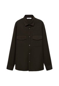 Chemise boutonnée vert foncé en tissu léger. Elle présente un col pointu, des manches longues et deux poches poitrine avec rabat.