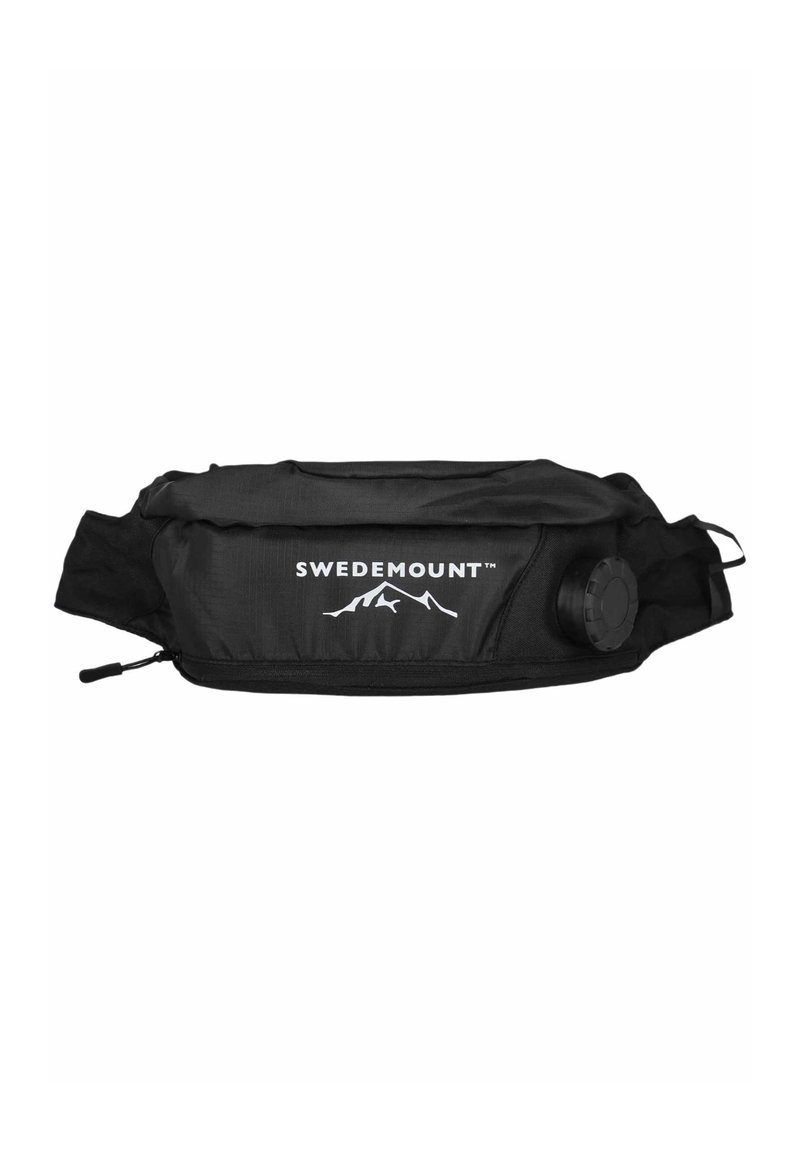 Black fabric waist bag with a zippered compartment, featuring a logo and a round hardware detail on the side for adjustable use.