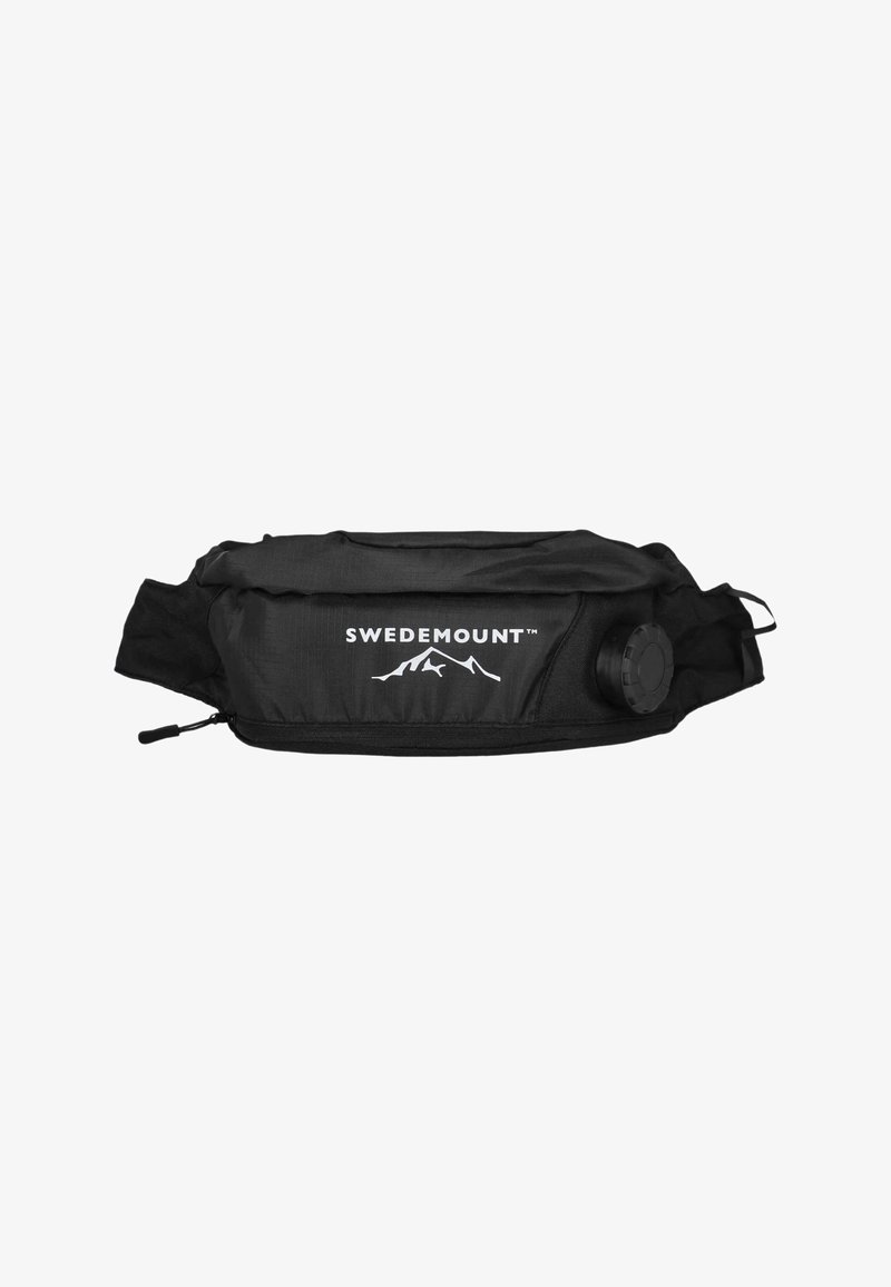 Black fabric waist bag with a zippered compartment, featuring a logo and a round hardware detail on the side for adjustable use.