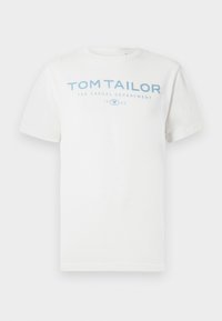Weißes Kurzarm-T-Shirt mit hellblauem Text "TOM TAILOR THE CASUAL DEPARTMENT 1962" auf der Vorderseite in der Mitte.