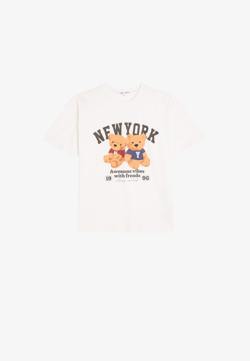 Weißes Baumwoll-T-Shirt mit einem Grafikdesign von zwei Teddybären, einer in Rot und einer in Blau, mit dem Text "NEWYORK" darüber und einer Jahreszahl darunter.