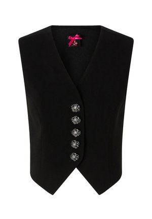 Zwart mouwloos vest met een V-hals ontwerp, voorzien van zilverkleurige knopen in de vorm van rozen aan de voorkant en een gladde textuur.
