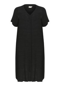 Robe noire à manches courtes, décolleté en V, coupe ample, en tissu léger, texture lisse, longueur genoux, sans motifs ni accents visibles.