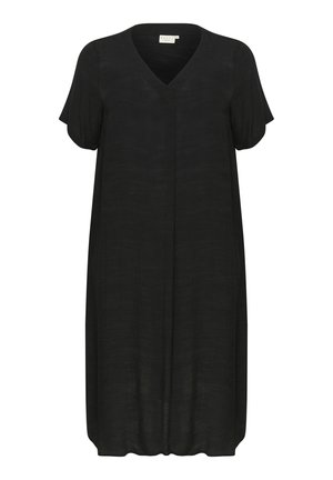 Rochie neagră cu mâneci scurte, decolteu în V, croi lejer, realizată dintr-un material ușor, cu o textură netedă, până la genunchi, fără modele sau accente vizibile.