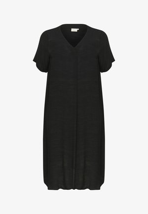 Vestido negro con mangas cortas, escote en V, corte holgado, hecho de tela ligera, textura suave, hasta la rodilla y sin patrones ni acentos visibles.