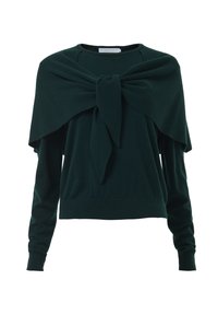 Dunkelgrüner langärmeliger Pullover mit einem angesetzten breiten Kragen, der in einer großen Schleife vorne gebunden ist.