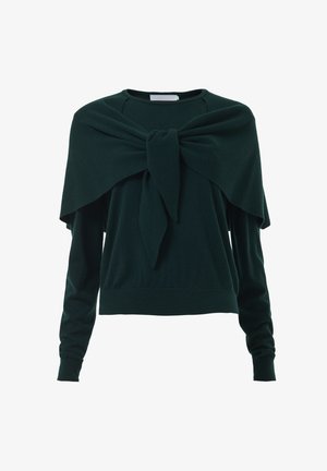 Donkergroene trui met lange mouwen en een brede kraag die aan de voorkant in een grote strik is gestrikt.