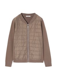 Giubbotto bomber marrone con parte frontale trapuntata e maniche in maglia. Presenta una chiusura con zip e rifiniture a coste sul colletto e sull'orlo.