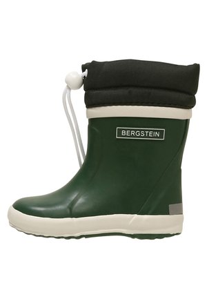 Groene rubberen regenlaars met een zwarte textielmanchet, witte trekkoord en grijze logo patch. Heeft een witte zool en een gestructureerde loopzool voor grip.