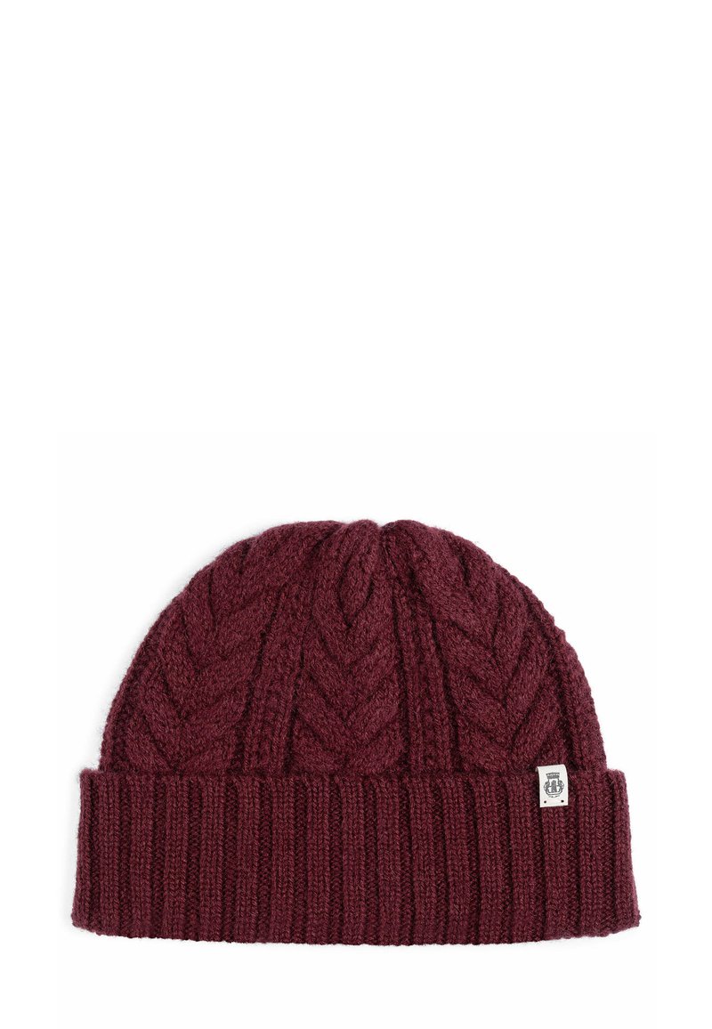 Burgundy knitted beanie with a textured cable pattern and a ribbed cuff. Features a small logo tag on the side.