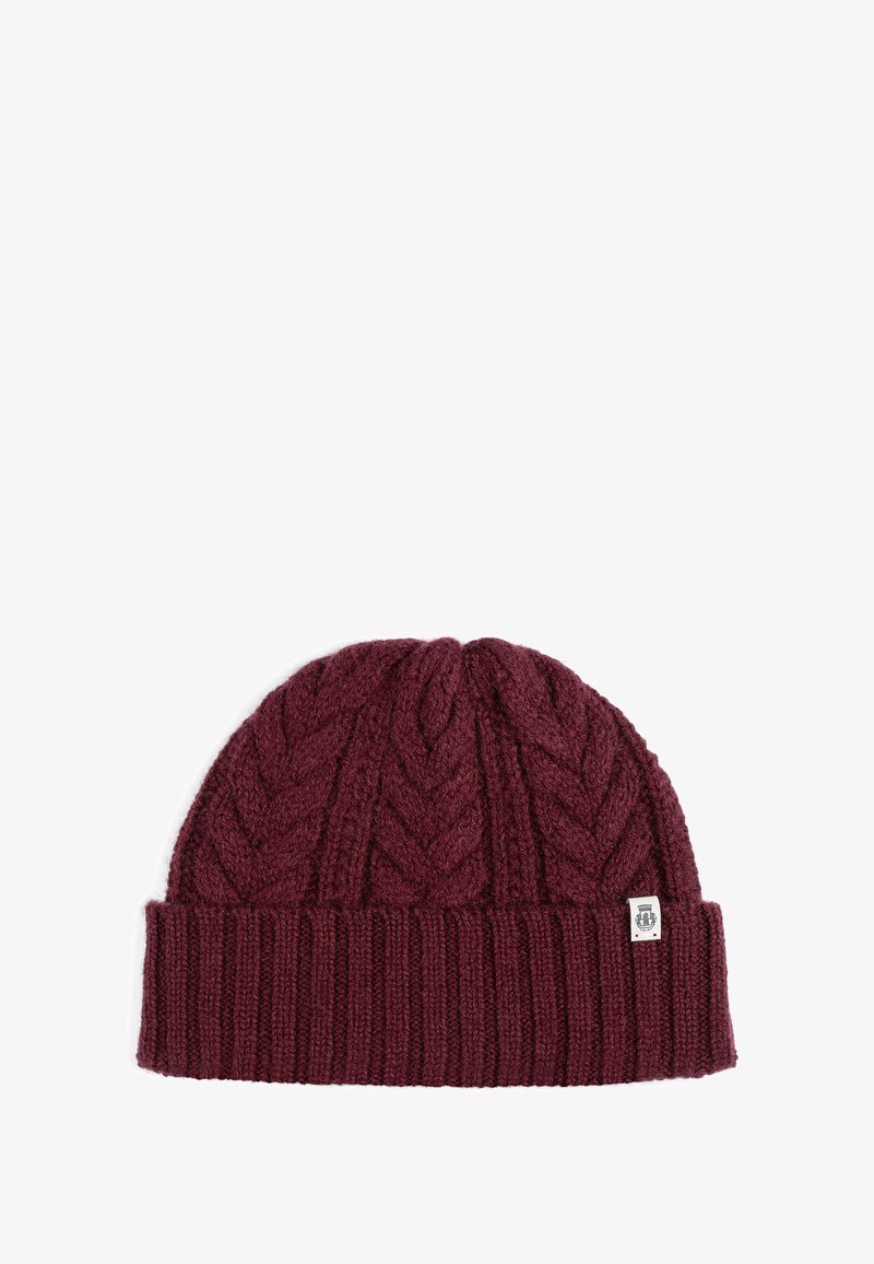 Burgundy knitted beanie with a textured cable pattern and a ribbed cuff. Features a small logo tag on the side.