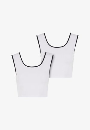 Dve bele majice brez rokavov s kvadratnim izrezom in črnimi robovi. Narejene so iz gladkega, elastičnega materiala.